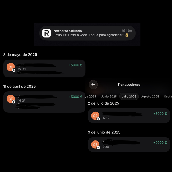 Historial bancario con varias transferencias de 5.000 euros