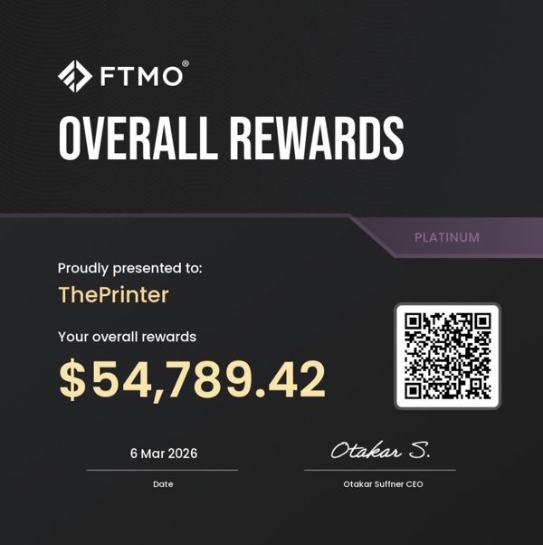 Certificado FTMO con recompensas totales de 54.789,42 dólares